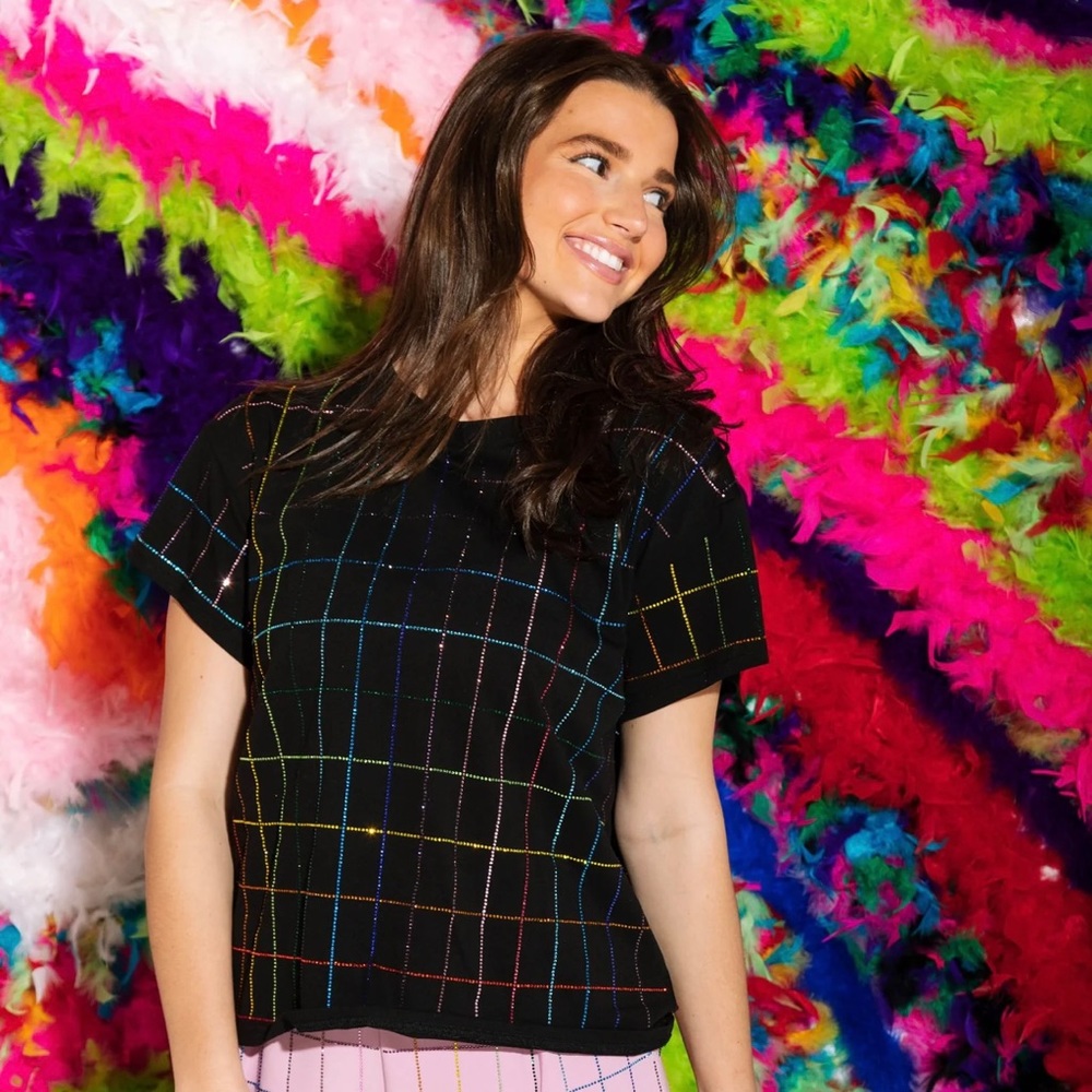 QOS Rhinestone Plaid Tee